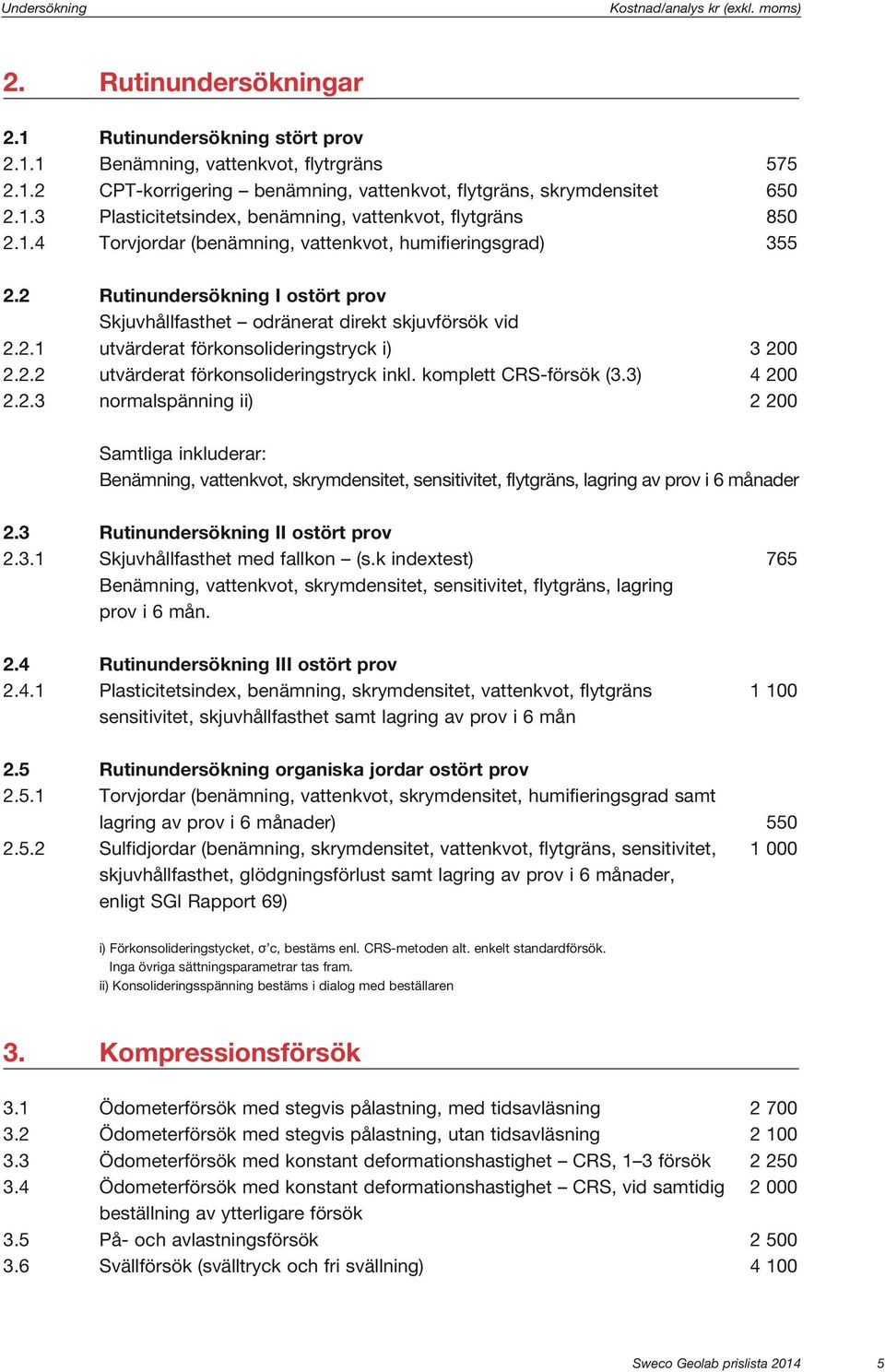 2 Rutinundersökning I ostört prov Skjuvhållfasthet odränerat direkt skjuvförsök vid 2.2.1 utvärderat förkonsolideringstryck i) 3 200 2.2.2 utvärderat förkonsolideringstryck inkl.