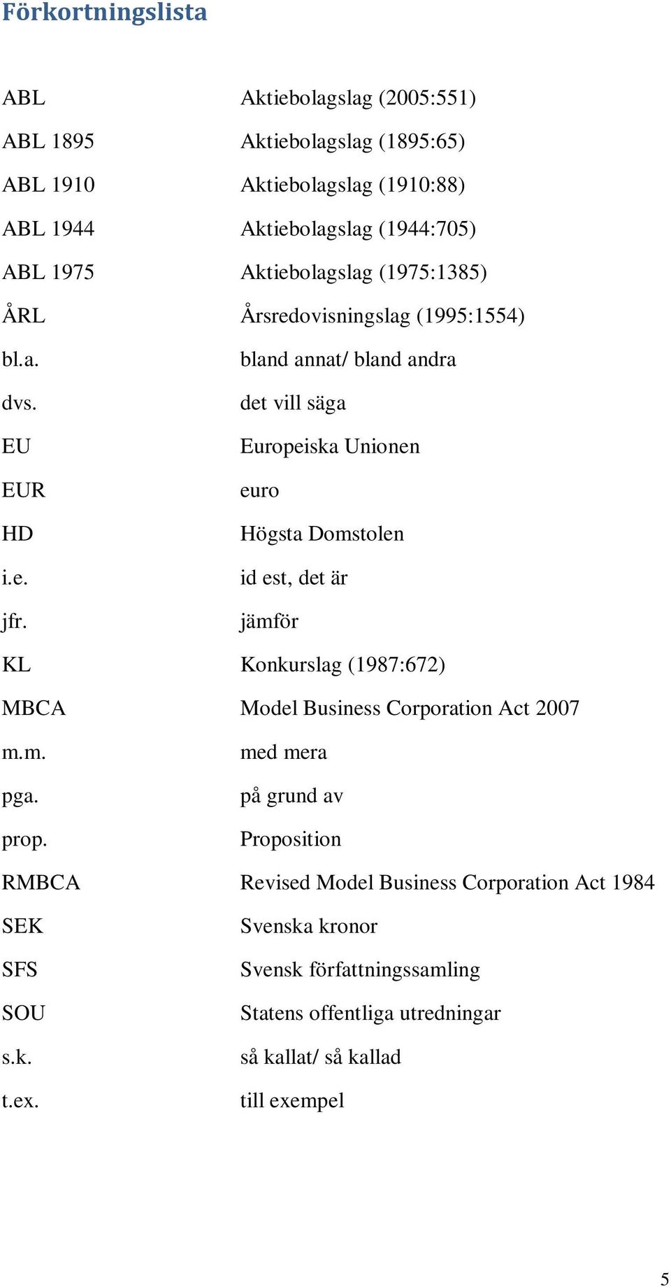 bland annat/ bland andra det vill säga Europeiska Unionen euro Högsta Domstolen id est, det är jämför KL Konkurslag (1987:672) MBCA Model Business Corporation Act