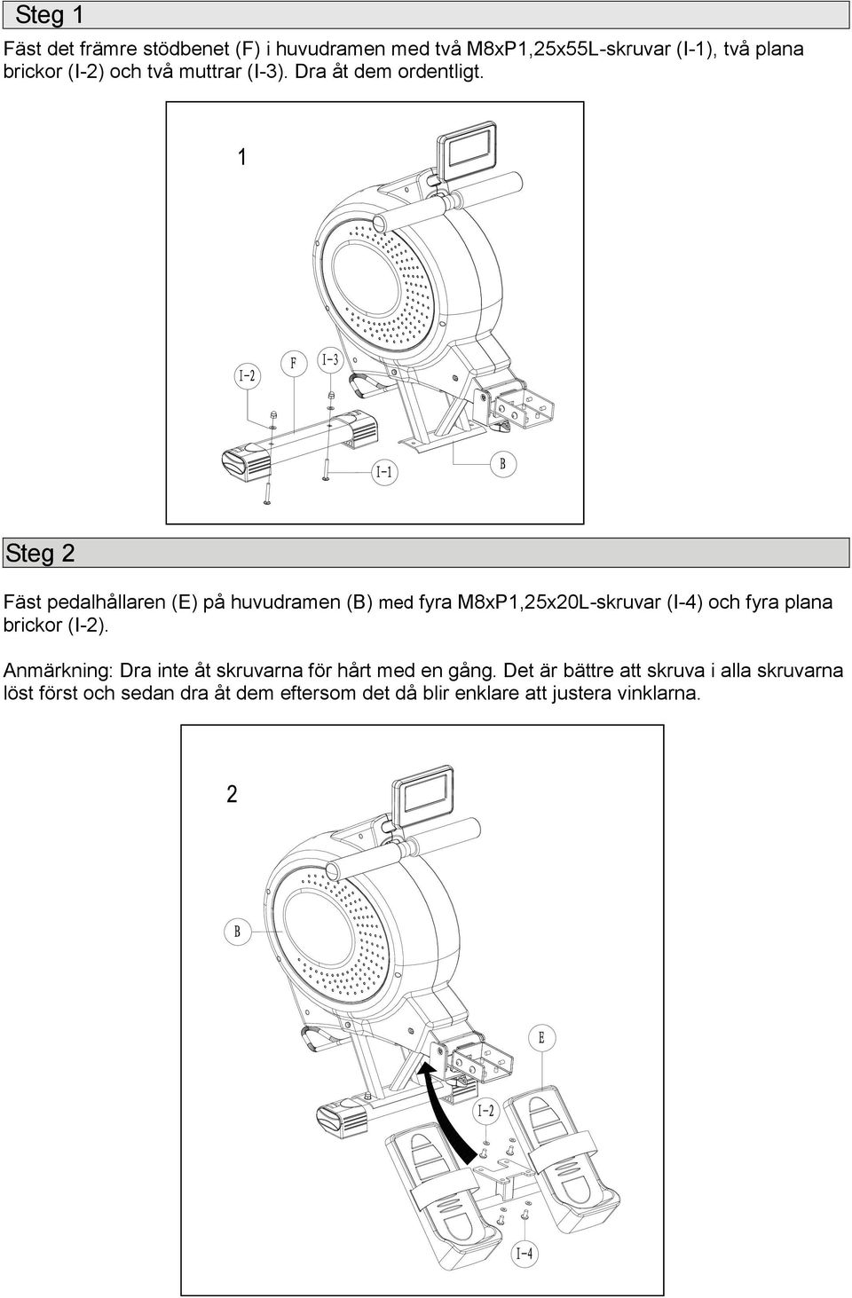 Steg 2 Fäst pedalhållaren (E) på huvudramen (B) med fyra M8xP1,25x20L-skruvar (I-4) och fyra plana brickor (I-2).