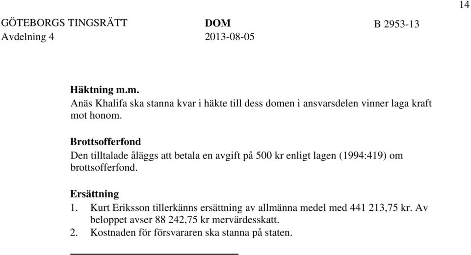 Brottsofferfond Den tilltalade åläggs att betala en avgift på 500 kr enligt lagen (1994:419) om brottsofferfond.