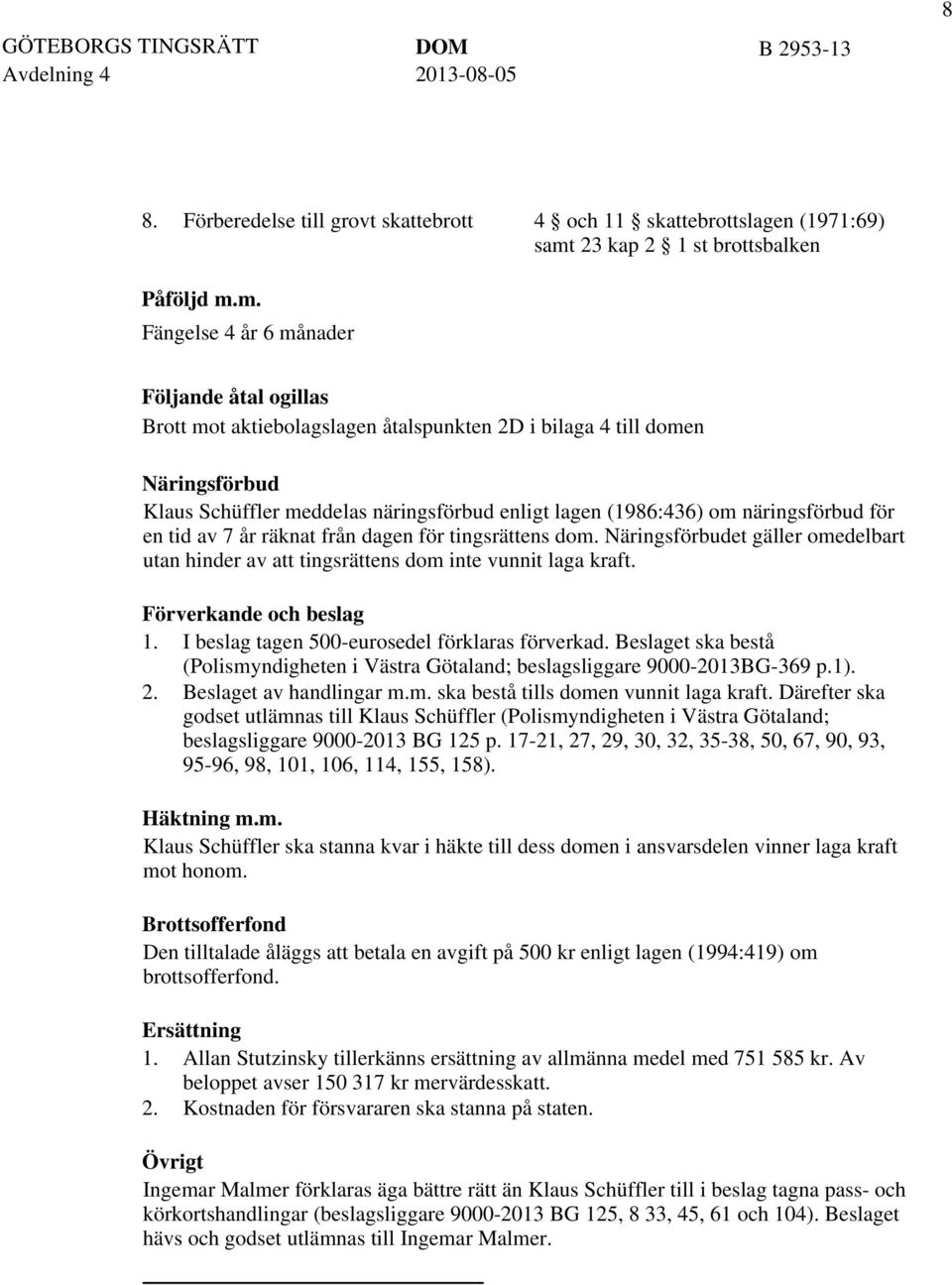 m. Fängelse 4 år 6 månader Följande åtal ogillas Brott mot aktiebolagslagen åtalspunkten 2D i bilaga 4 till domen Näringsförbud Klaus Schüffler meddelas näringsförbud enligt lagen (1986:436) om