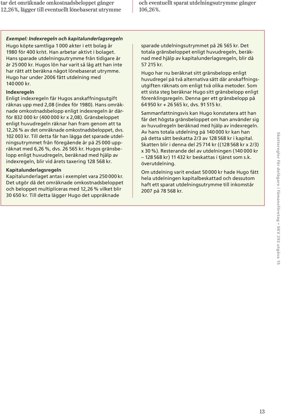 Hans sparade utdelningsutrymme från tidigare år är 25 000 kr. Hugos lön har varit så låg att han inte har rätt att beräkna något lönebaserat utrymme. Hugo har under 2006 fått utdelning med 140 000 kr.