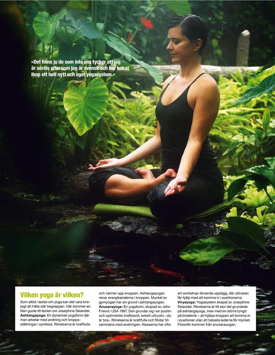 Ashtangayoga: En dynamisk yogaform där man arbetar med andning och kroppsställningar i symbios. Rörelserna är kraftfulla och värmer upp kroppen. Ashtangayogan renar energikanalerna i kroppen.