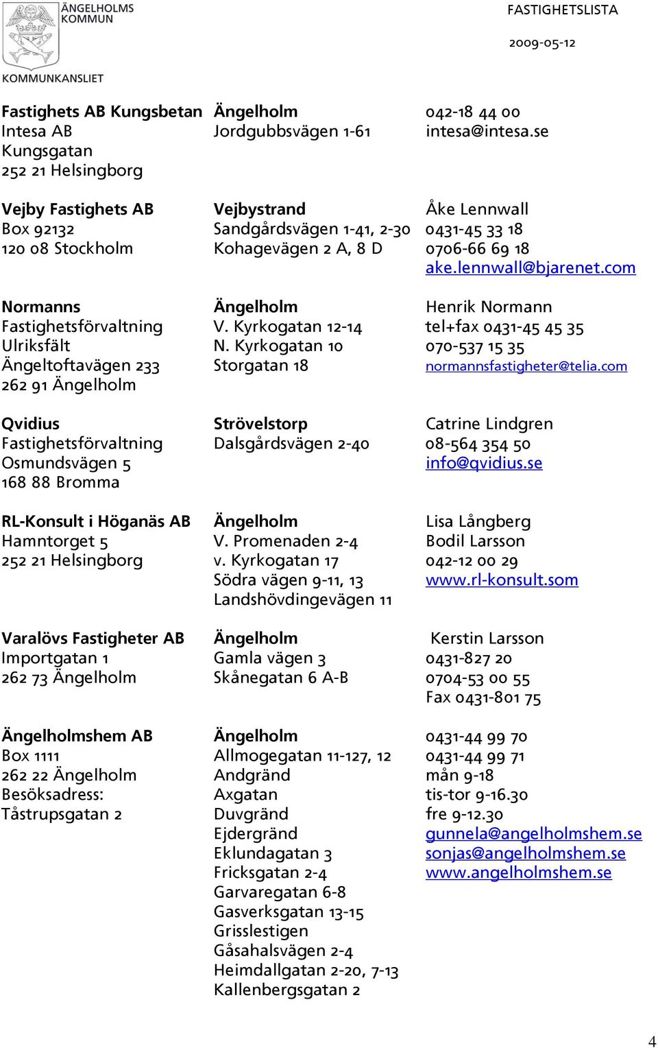 lennwall@bjarenet.com Normanns Ängelholm Henrik Normann Fastighetsförvaltning V. Kyrkogatan 12-14 tel+fax 0431-45 45 35 Ulriksfält N.