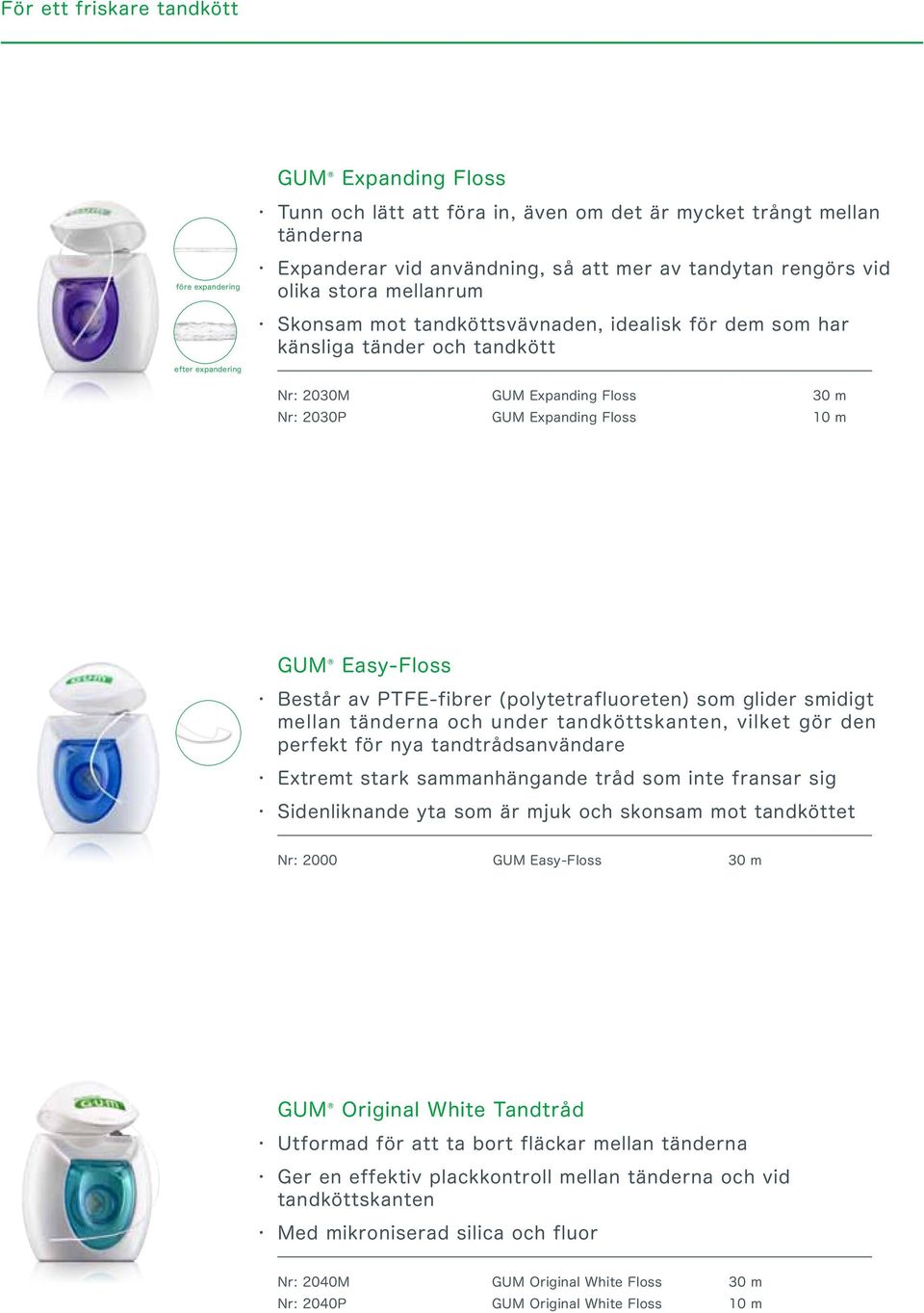 GUM Easy-Floss Består av PTFE-fibrer (polytetrafluoreten) som glider smidigt mellan tänderna och under tandköttskanten, vilket gör den perfekt för nya tandtrådsanvändare Extremt stark sammanhängande