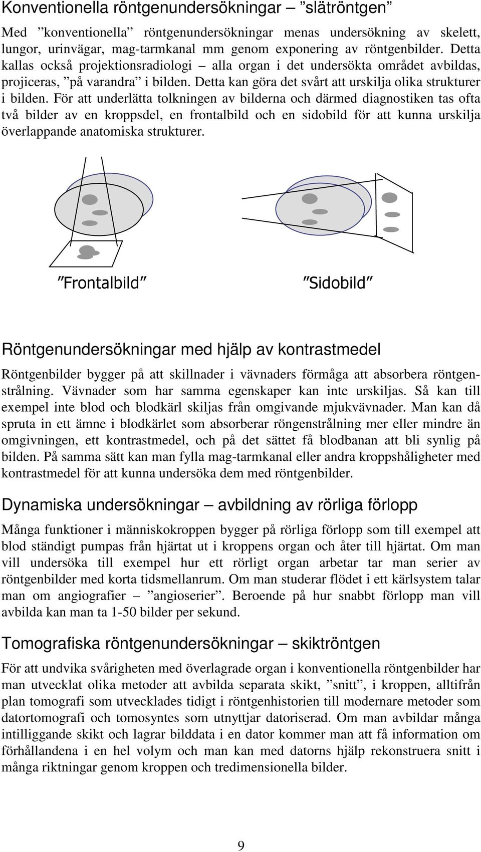 För att underlätta tolkningen av bilderna och därmed diagnostiken tas ofta två bilder av en kroppsdel, en frontalbild och en sidobild för att kunna urskilja överlappande anatomiska strukturer.