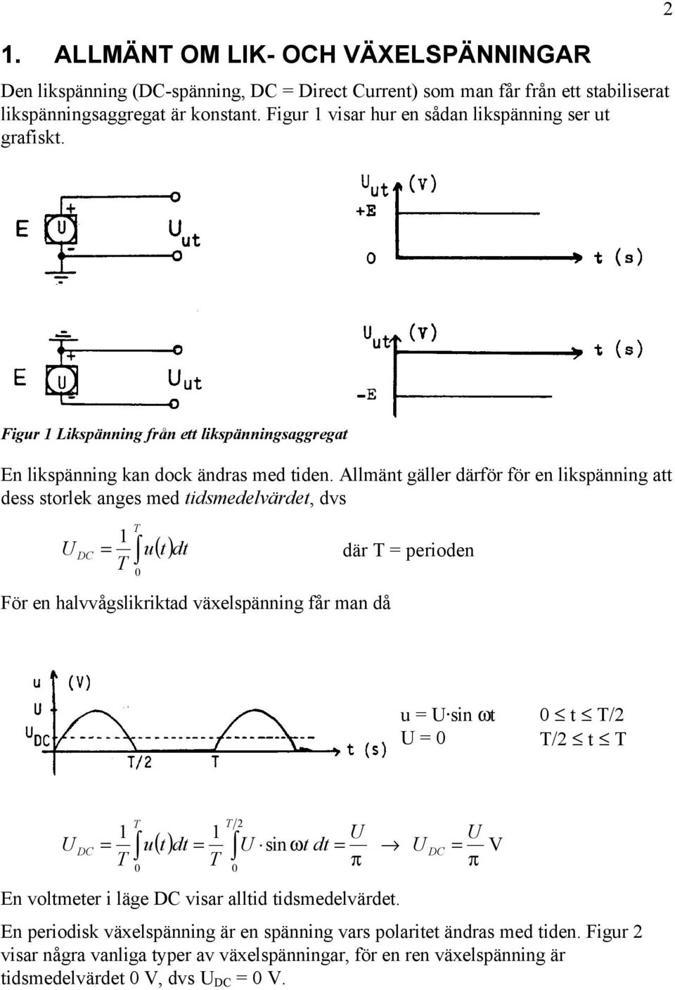 Allmänt gäller därför för en likspänning att dess storlek anges med tidsmedelvärdet, dvs DC T T 0 u ( t) dt För en halvvågslikriktad växelspänning får man då där T perioden u sin ωt 0 t T/ 0 T/ t
