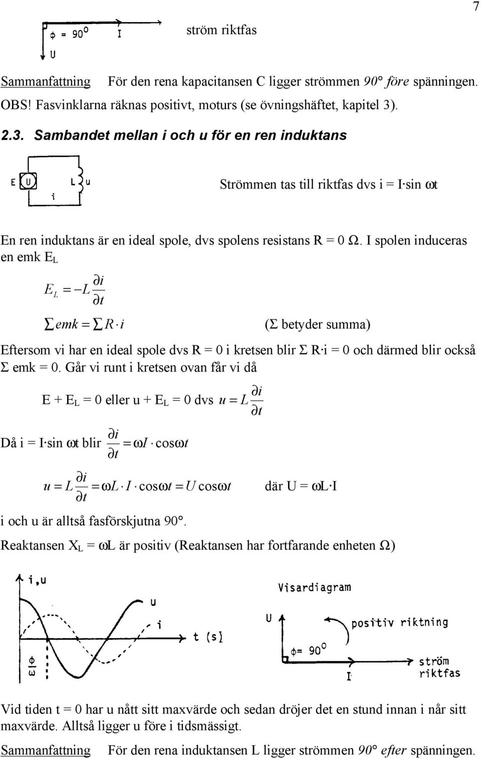 I spolen induceras en emk E L E L i L t emk R i (Σ betyder summa) Eftersom vi har en ideal spole dvs R 0 i kretsen blir Σ R i 0 och därmed blir också Σ emk 0.