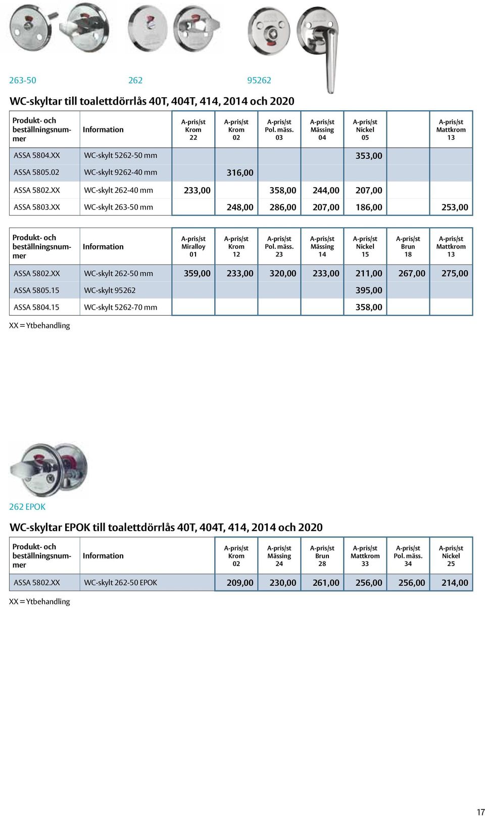 XX WC-skylt 263-50 mm 248,00 286,00 207,00 186,00 253,00 Produkt- och beställningsnummer Information Miralloy 01 Krom 12 Pol. mäss. 23 Mässing 14 Nickel 15 Brun 18 Mattkrom 13 ASSA 5802.