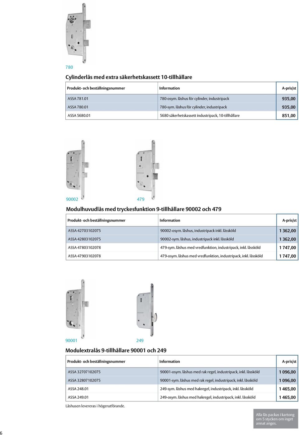 01 5680 säkerhetskassett industripack, 10-tillhållare 851,00 90002 479 Modulhuvudlås med tryckesfunktion 9-tillhållare 90002 och 479 Produkt- och beställningsnummer Information ASSA 42703102075