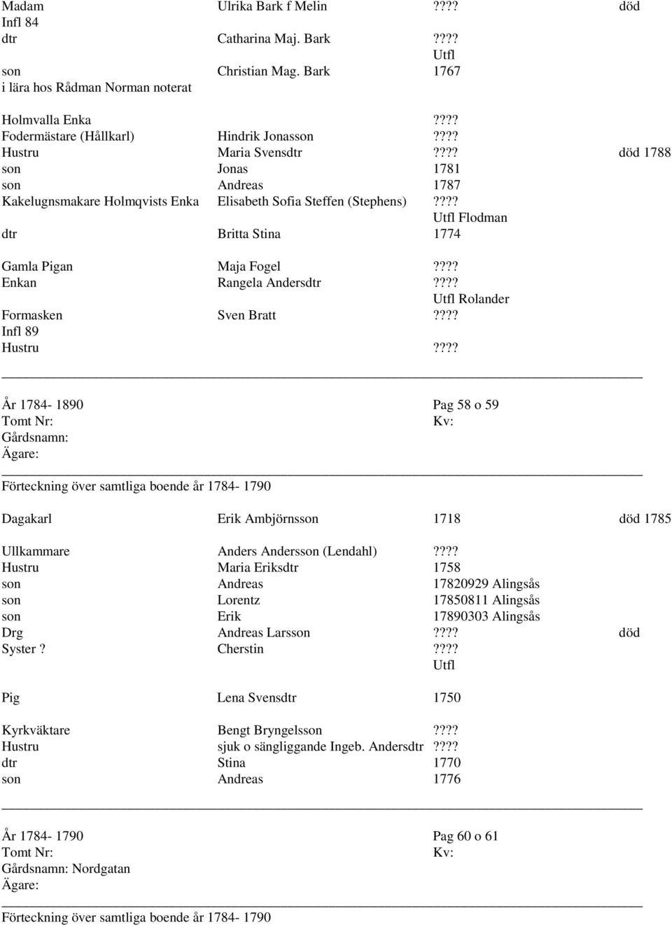 ??? Enkan Rangela Andersdtr???? Rolander Formasken Sven Bratt???? Infl 89 Hustru???? År 1784-1890 Pag 58 o 59 Dagakarl Erik Ambjörnsson 1718 död 1785 Ullkammare Anders Andersson (Lendahl)?