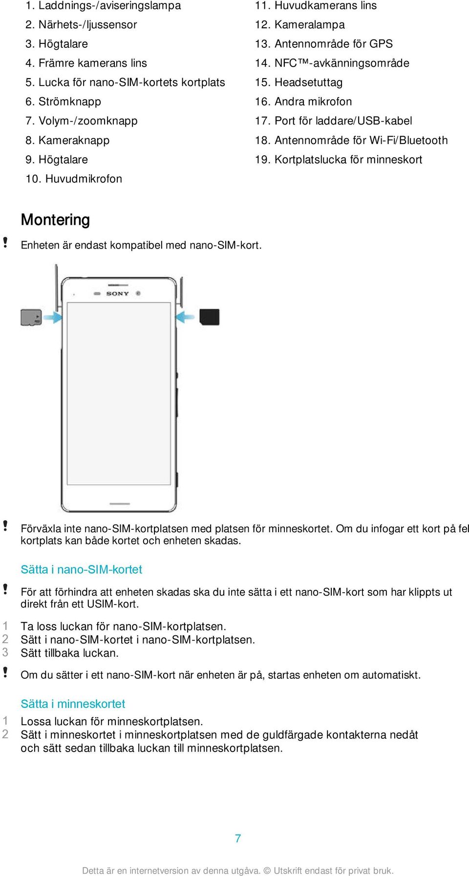 Antennområde för Wi-Fi/Bluetooth 19. Kortplatslucka för minneskort Montering Enheten är endast kompatibel med nano-sim-kort. Förväxla inte nano-sim-kortplatsen med platsen för minneskortet.