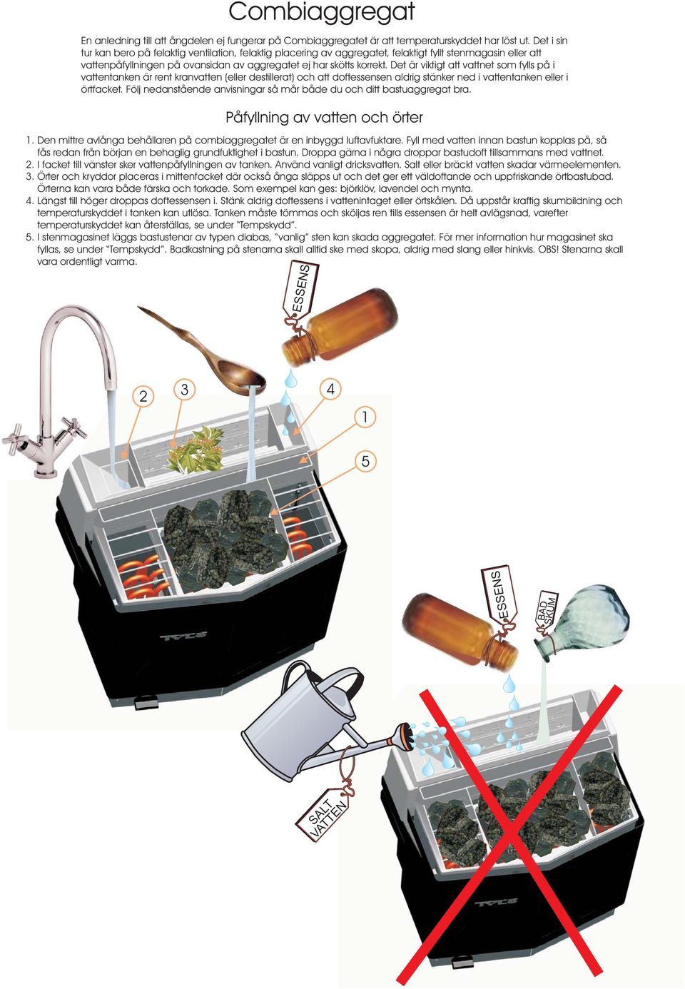 Det är viktigt att vattnet som fylls på i vattentanken är rent kranvatten (eller destillerat) och att doftessensen aldrig stänker ned i vattentanken eller i örtfacket.