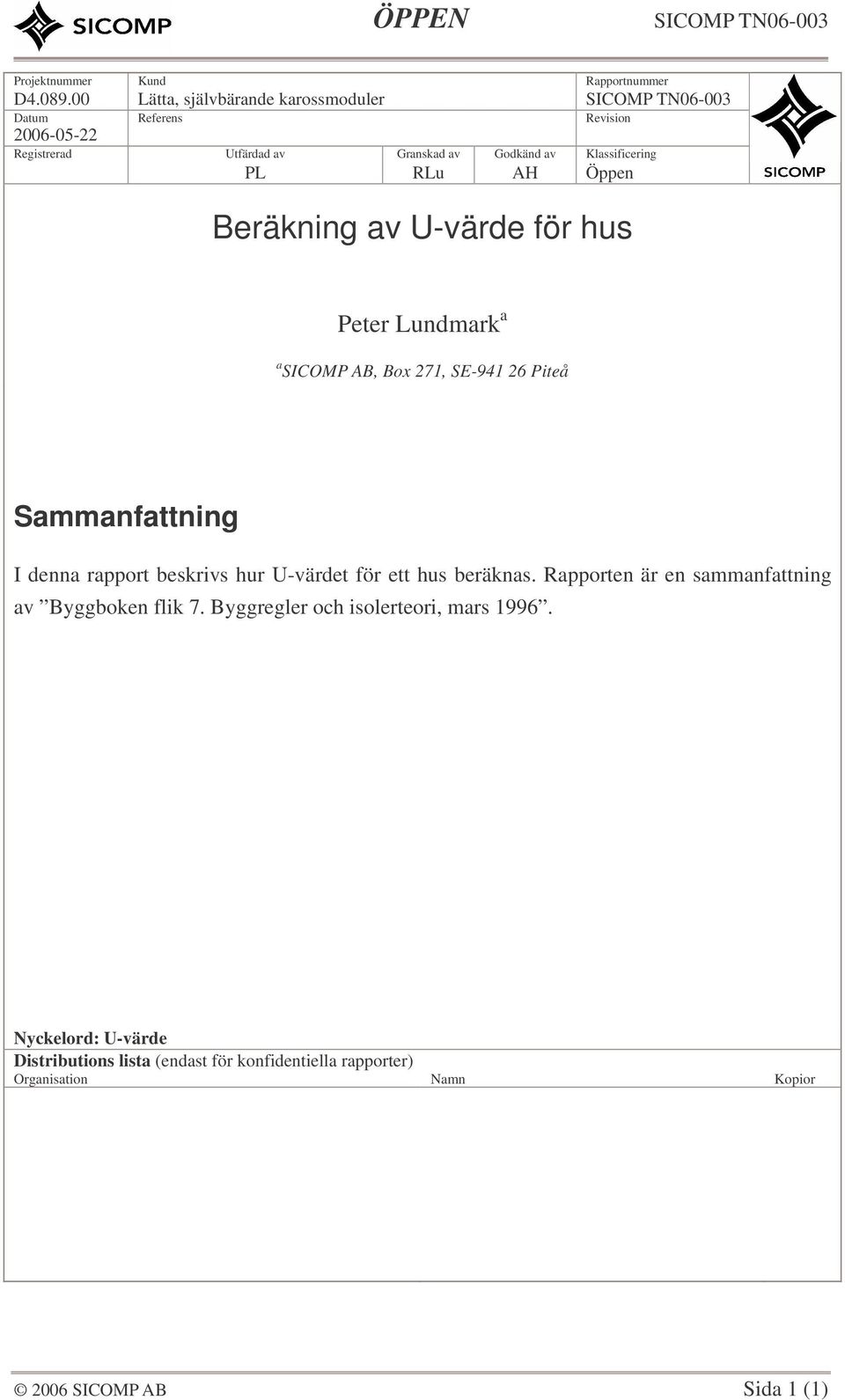 Klassificering PL RLu AH Öppen Beräkning av U-värde för hus Peter Lundmark a a SICOMP AB, Box 271, SE-941 26 Piteå Sammanfattning I denna rapport