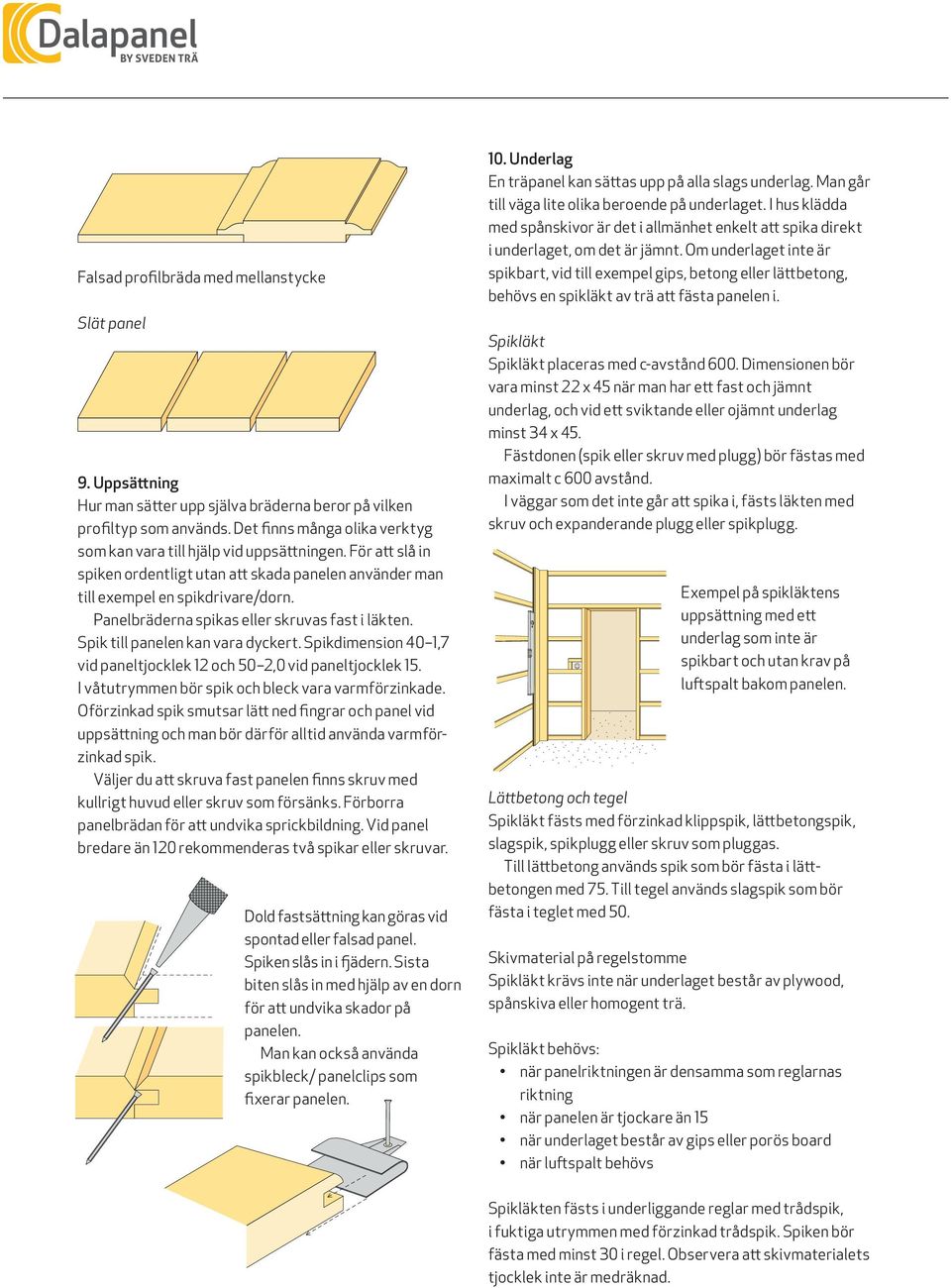 Panelbräderna spikas eller skruvas fast i läkten. Spik till panelen kan vara dyckert. Spikdimension 40 1,7 vid paneltjocklek 12 50 2,0 vid paneltjocklek 15.