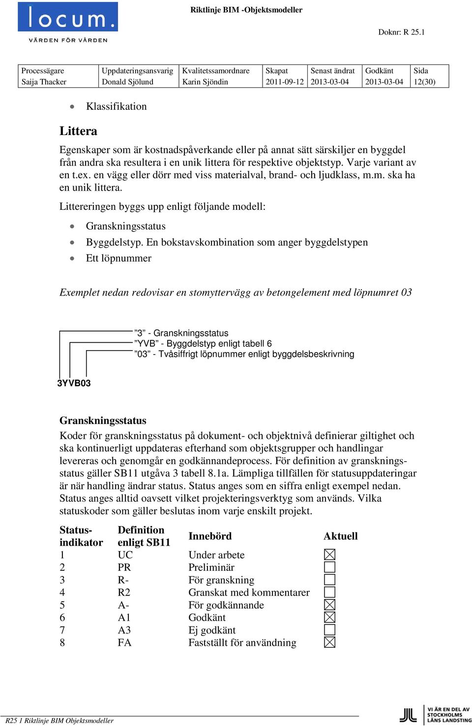 Littereringen byggs upp enligt följande modell: Granskningsstatus Byggdelstyp.