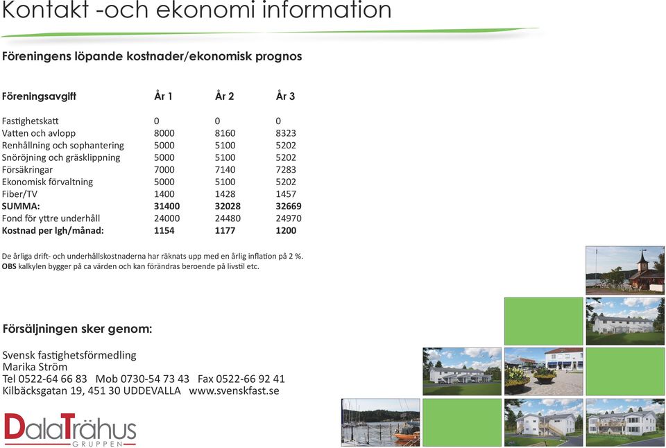 24480 24970 Kostnad per lgh/månad: 1154 1177 1200 De årliga drift- och underhållskostnaderna har räknats upp med en årlig inflation på 2 %.
