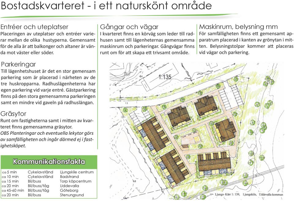 Radhuslägenheterna har egen parkering vid varje entré. Gästparkering finns på den stora gemensamma parkeringen samt en mindre vid gaveln på radhuslängan.