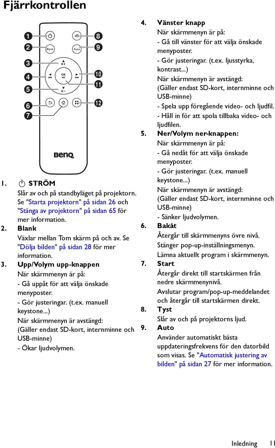- Gör justeringar. (t.ex. manuell 1. II STRÖM keystone...) Slår av och på standbyläget på projektorn.