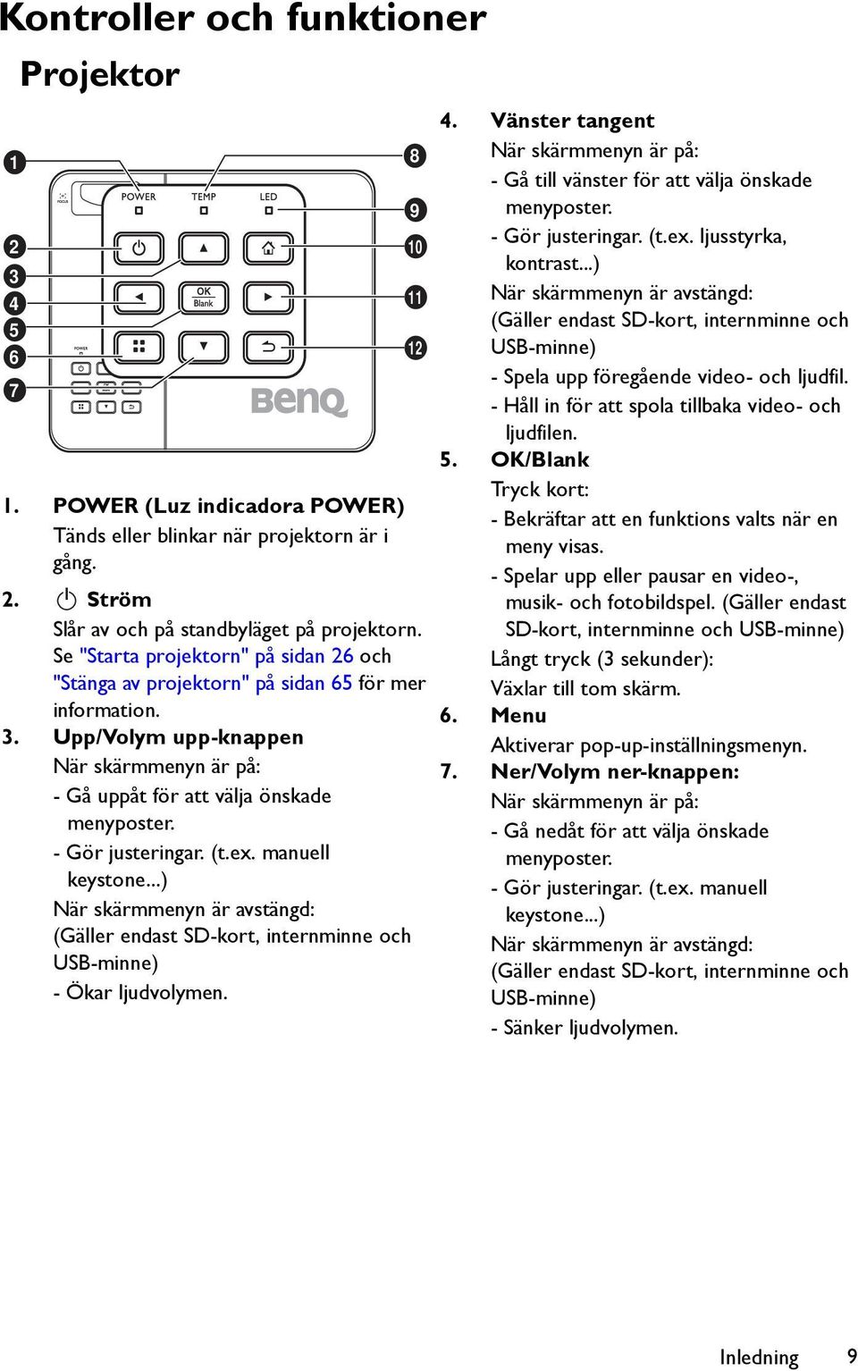 - Gör justeringar. (t.ex. manuell keystone...) När skärmmenyn är avstängd: (Gäller endast SD-kort, internminne och USB-minne) - Ökar ljudvolymen. 8 9 10 11 12 4.