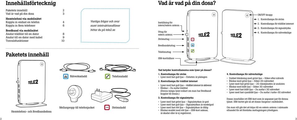 en dator med kabel 9 Tonvalsfunktioner 10 Vanliga frågor och svar samt intstruktionsfilmer hittar du på tele2.se Inställning för intern/extern antenn Uttag för extern antenn Strömuttag ON/OFF-knapp 1.