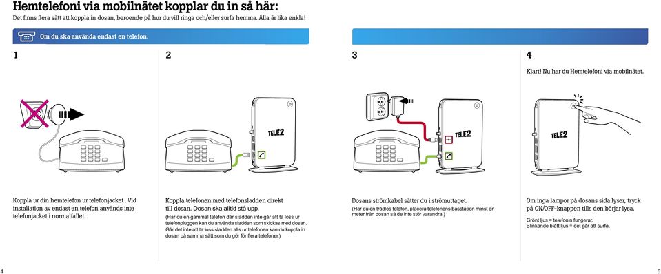 Koppla telefonen med telefonsladden direkt till dosan. Dosan ska alltid stå upp.