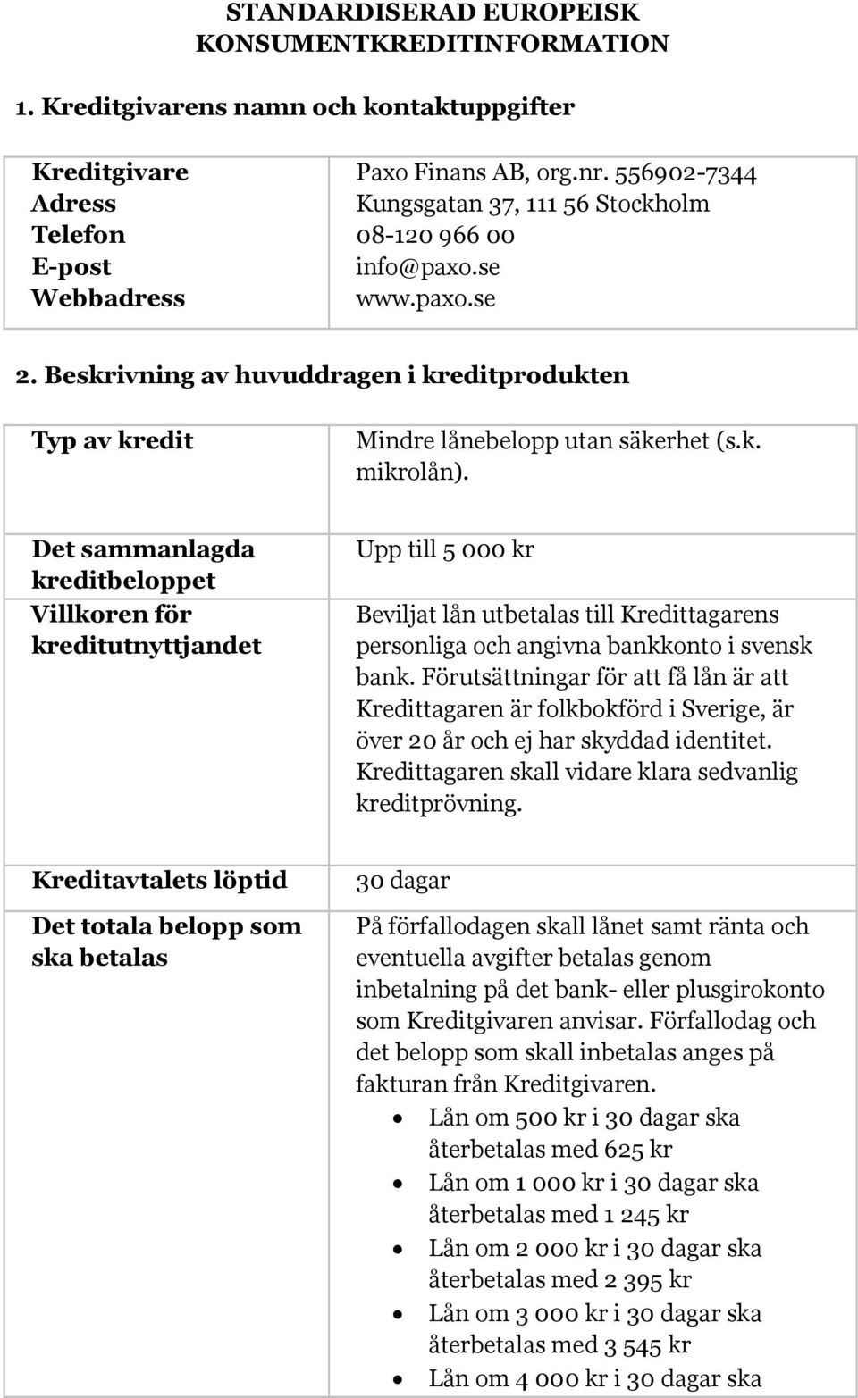 Det sammanlagda kreditbeloppet Villkoren för kreditutnyttjandet Upp till 5 000 kr Beviljat lån utbetalas till Kredittagarens personliga och angivna bankkonto i svensk bank.