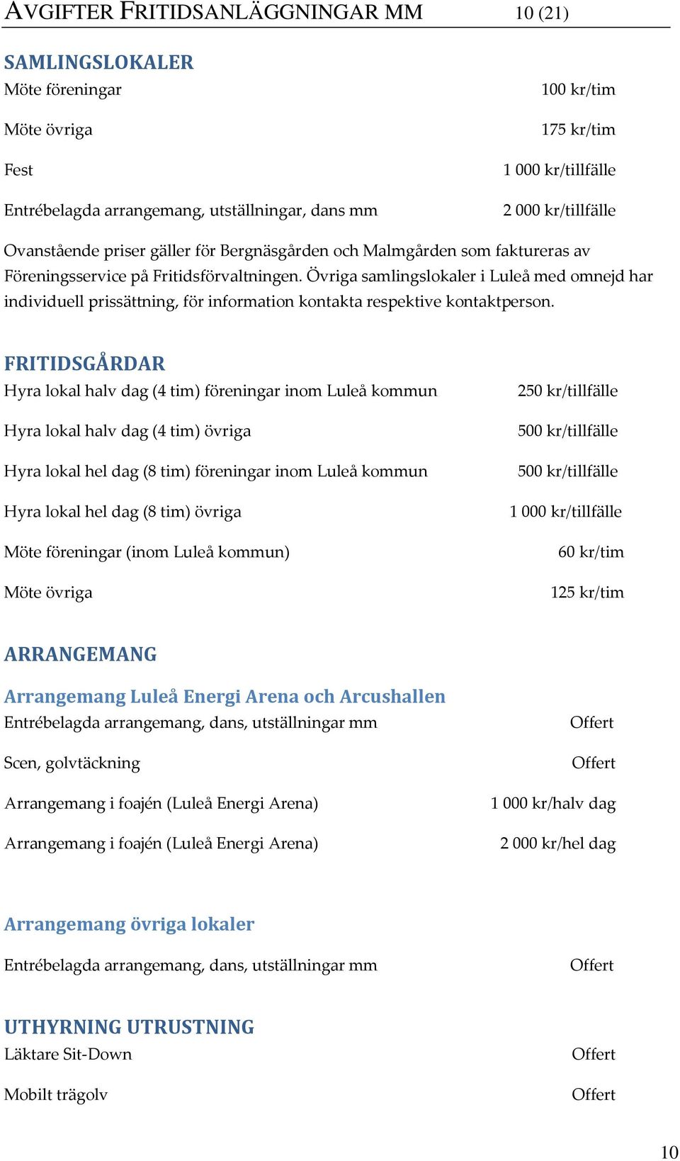 Övriga samlingslokaler i Luleå med omnejd har individuell prissättning, för information kontakta respektive kontaktperson.