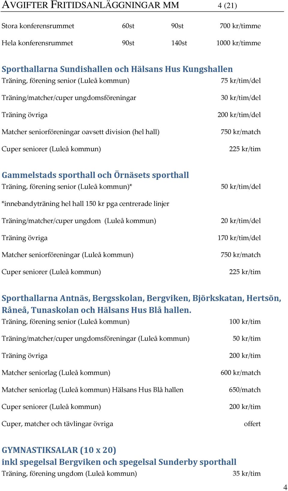 750 kr/match 225 kr/tim Gammelstads sporthall och Örnäsets sporthall Träning, förening senior (Luleå kommun)* /del *innebandyträning hel hall 150 kr pga centrerade linjer Träning/matcher/cuper ungdom