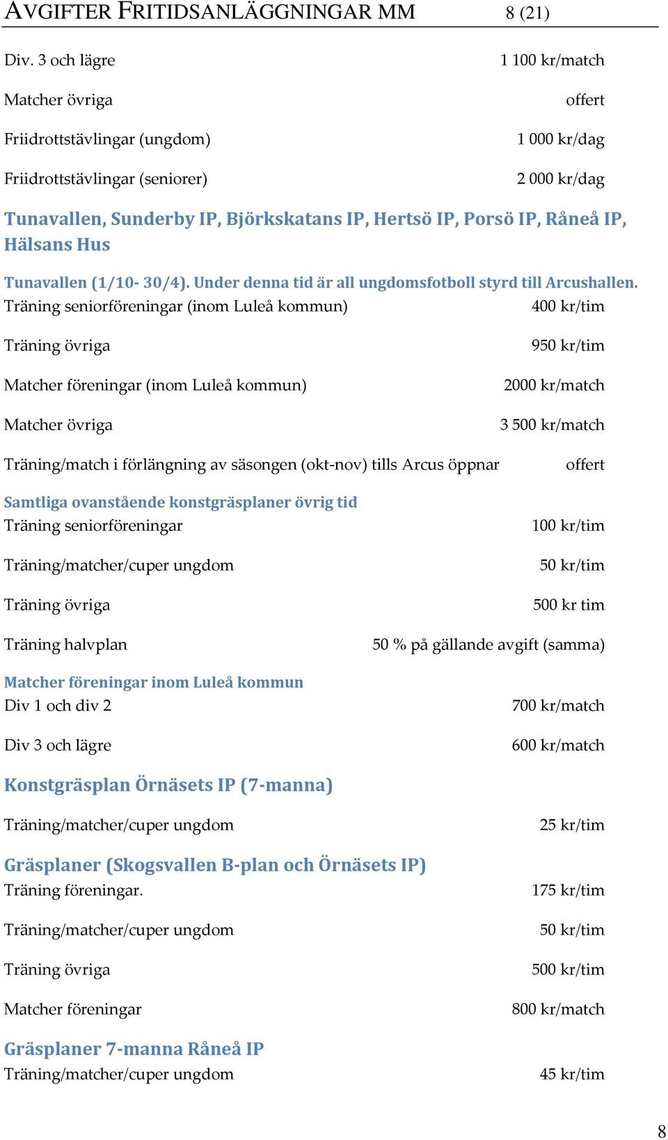 Råneå IP, Hälsans Hus Tunavallen (1/10-30/4). Under denna tid är all ungdomsfotboll styrd till Arcushallen.