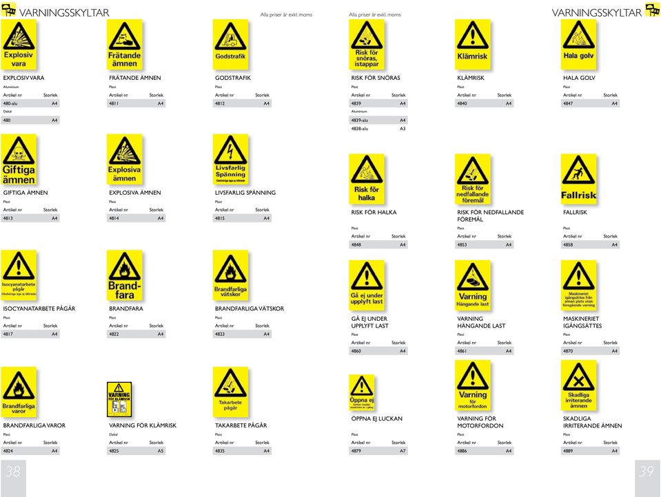 A4 ISOCYANATARBETE PÅGÅR BRANDFARA BRANDFARLIGA VÄTSKOR 4817 A4 4822 A4 4823 A4 GÅ EJ UNDER UPPLYFT LAST VARNING HÄNGANDE LAST MASKINERIET IGÅNGSÄTTES 4860 A4 4861 A4 4870