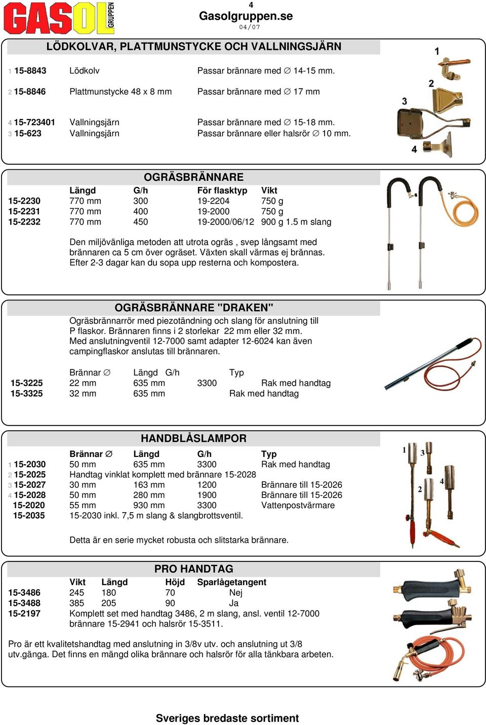 OGRÄSBRÄNNARE Längd G/h För flasktyp Vikt 15-2230 770 mm 300 19-2204 750 g 15-2231 770 mm 400 19-2000 750 g 15-2232 770 mm 450 19-2000/06/12 900 g 1.