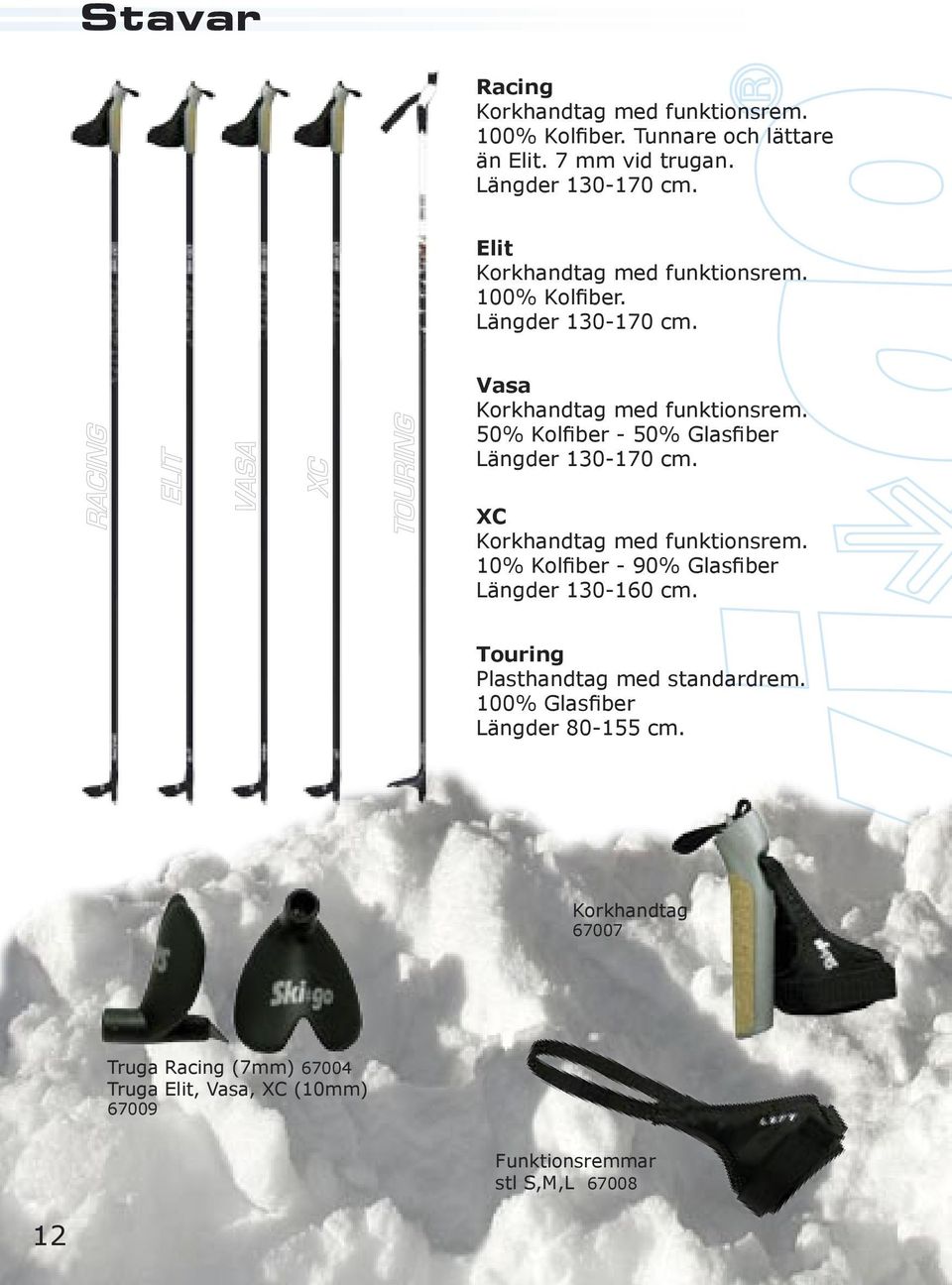 50% Kolfiber - 50% Glasfiber Längder 130-170 cm. XC Korkhandtag med funktionsrem. 10% Kolfiber - 90% Glasfiber Längder 130-160 cm.