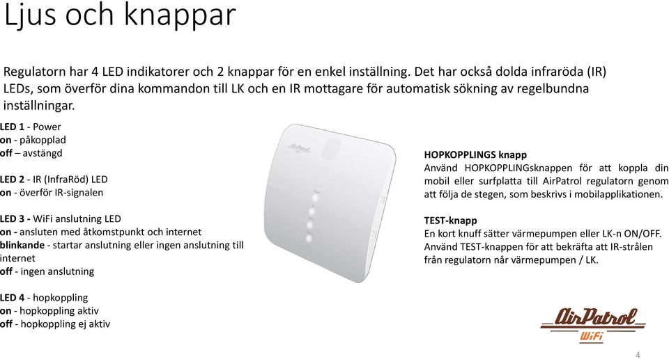 LED 1 - Power on - påkopplad off avstängd LED 2 - IR (InfraRöd) LED on - överför IR-signalen HOPKOPPLINGS knapp Använd HOPKOPPLINGsknappen för att koppla din mobil eller surfplatta till AirPatrol