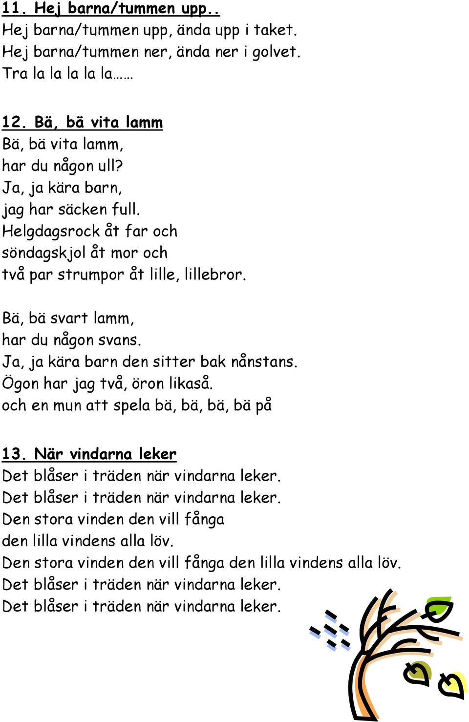 Ja, ja kära barn den sitter bak nånstans. Ögon har jag två, öron likaså. och en mun att spela bä, bä, bä, bä på 13. När vindarna leker Det blåser i träden när vindarna leker.