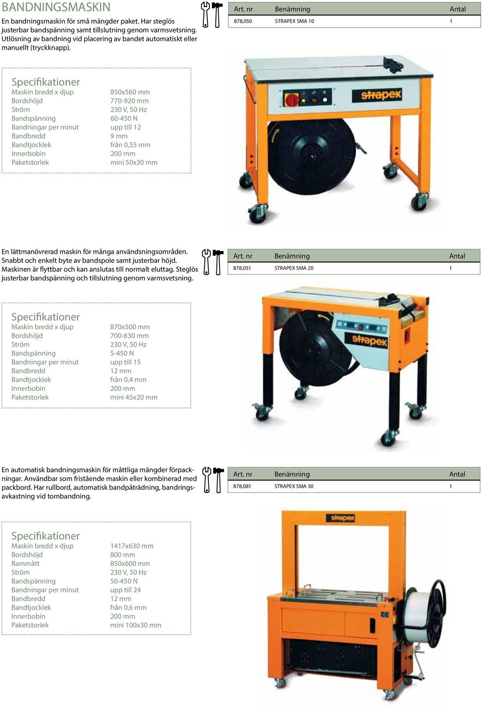 878,050 STRAPEX SMA 10 1 Maskin bredd x djup 850x560 mm Bordshöjd 770-920 mm Ström 230 V, 50 Hz 60-450 N Bandningar per minut upp till 12 Bandbredd 9 mm från 0,55 mm Innerbobin 200 mm Paketstorlek