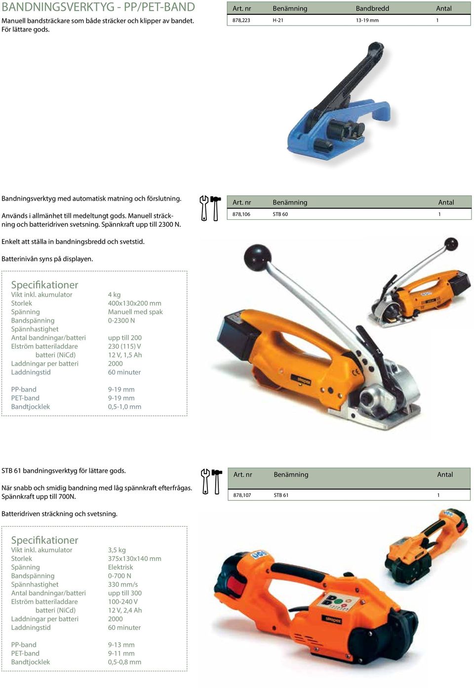Spännkraft upp till 2300 N. 878,106 STB 60 1 Enkelt att ställa in bandningsbredd och svetstid. Batterinivån syns på displayen. Vikt inkl.