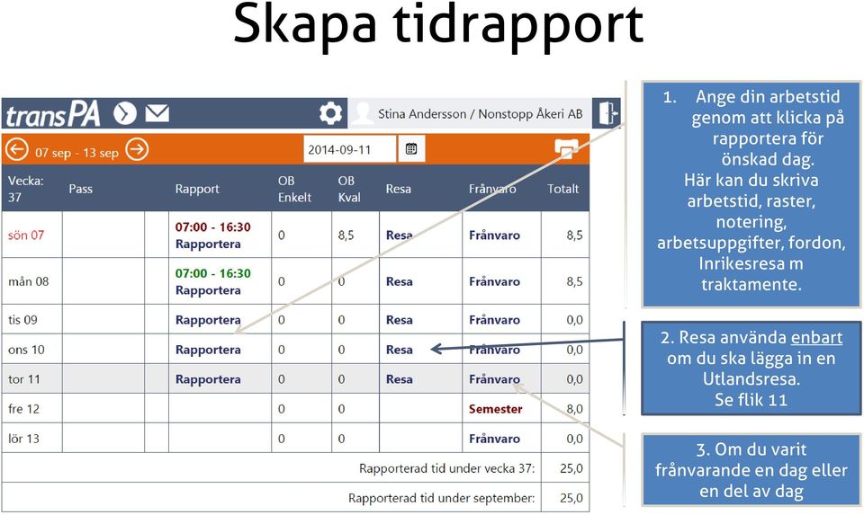 Här kan du skriva arbetstid, raster, notering, arbetsuppgifter, fordon,