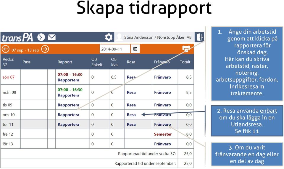 Här kan du skriva arbetstid, raster, notering, arbetsuppgifter, fordon,