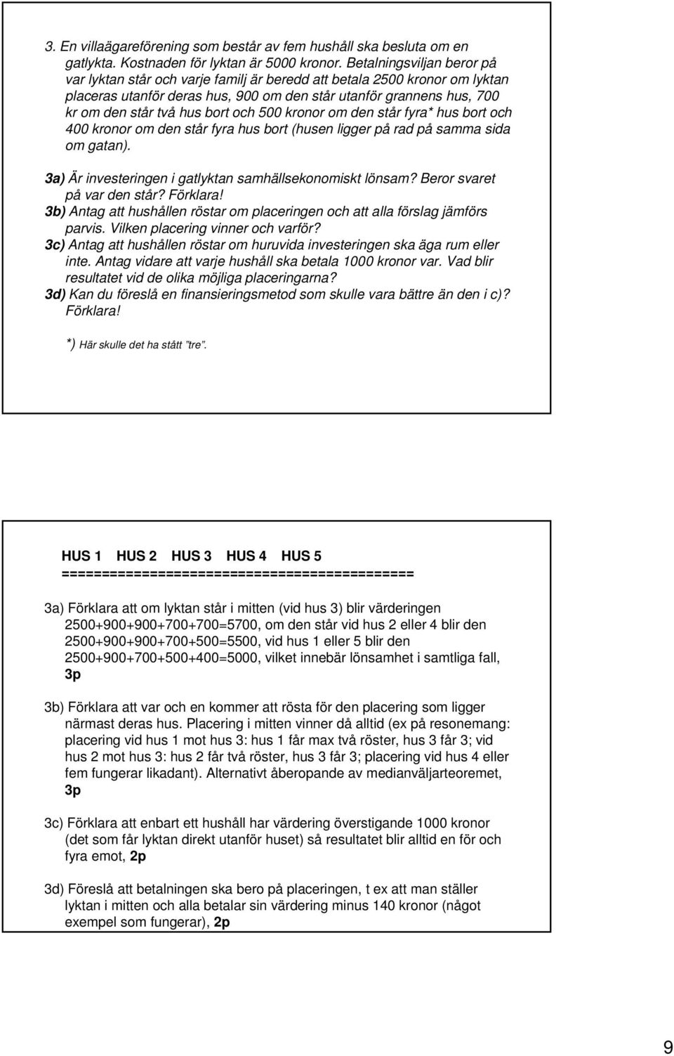 och 500 kronor om den står fyra* hus bort och 400 kronor om den står fyra hus bort (husen ligger på rad på samma sida om gatan). 3a) Är investeringen i gatlyktan samhällsekonomiskt lönsam?