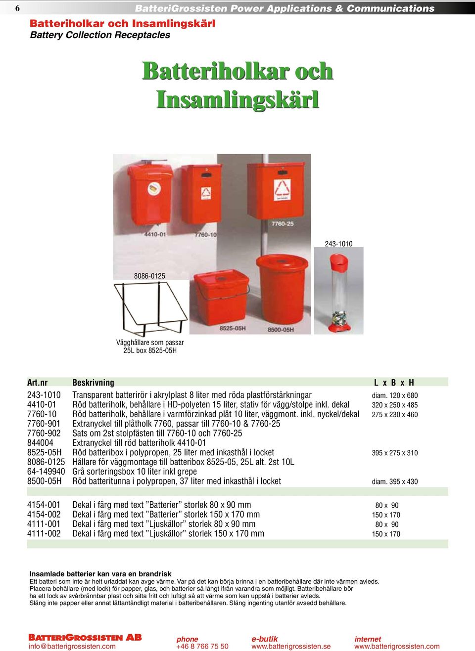 120 x 680 4410-01 Röd batteriholk, behållare i HD-polyeten 15 liter, stativ för vägg/stolpe inkl. dekal 320 x 250 x 485 7760-10 Röd batteriholk, behållare i varmförzinkad plåt 10 liter, väggmont.