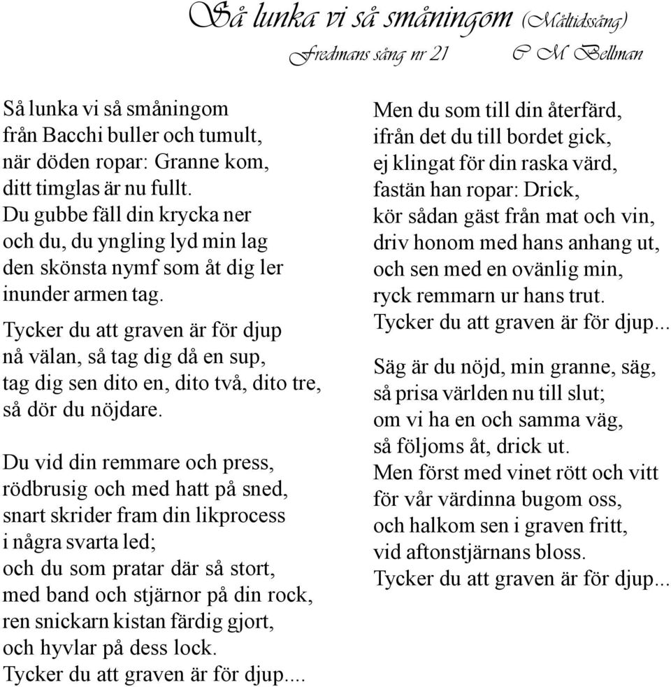 Tycker du att graven är för djup nå välan, så tag dig då en sup, tag dig sen dito en, dito två, dito tre, så dör du nöjdare.