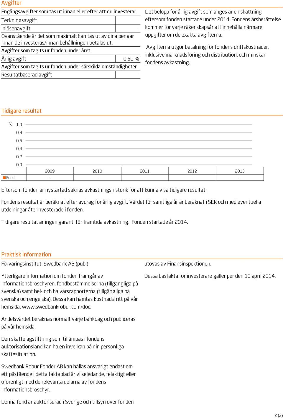 Avgifter som tagits ur fonden under året Årlig avgift 0,50 % Avgifter som tagits ur fonden under särskilda omständigheter Resultatbaserad avgift - Det belopp för årlig avgift som anges är en