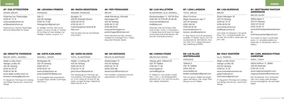 Bua-Veddige, mot Veddige h. Nyebro, 2:a grusv. V. h. 39 Maria Bengtsson Keramik, stengods Byvägen 13 439 65 Stråvalla Strand 0340-65 03 45 0722-53 44 77 maria.bengtsson.keramik.@ telia.