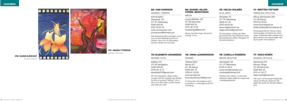 60 Gunnel Hillerström- Bengtsson Måleri Lynga Mikkeles 132 311 98 Glommen 0346-943 52 0731-56 75 55 studiolynga@telia.com Morup mot Stranninge, Glommens kustväg 1,5 km.