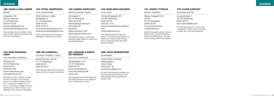 com Från kustvägen ta av mot Bölse i Glommens rondell. Ateljé vid gult trähus intill Glommens idrottsplats. Ethel Andersson Ateljé Sandgatan 31 311 34 Falkenberg 0346-179 80 0705-72 38 12 www.