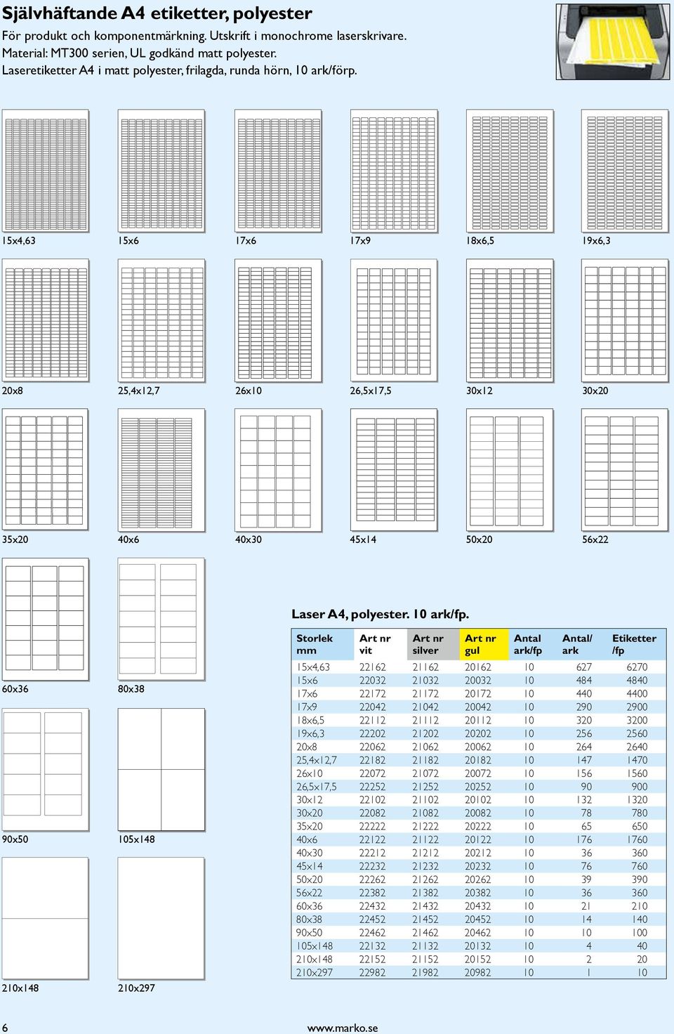 15x4,63 15x6 17x6 17x9 18x6,5 19x6,3 20x8 25,4x12,7 26x10 26,5x17,5 30x12 30x20 35x20 40x6 40x30 45x14 50x20 56x22 Laser A4, polyester. 10 ark/fp.