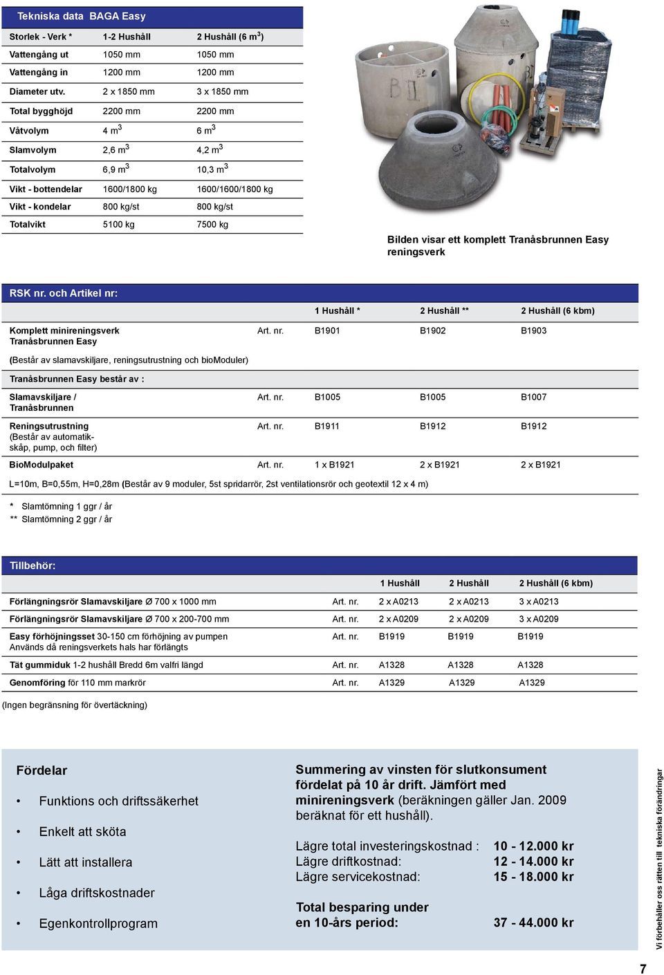 kg/st 800 kg/st Totalvikt 5100 kg 7500 kg Bilden visar ett komplett Tranåsbrunnen Easy reningsverk RSK nr.