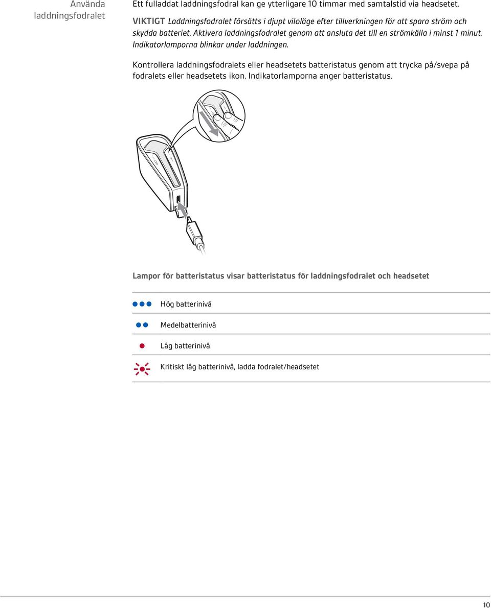 Aktivera laddningsfodralet genom att ansluta det till en strömkälla i minst 1 minut. Indikatorlamporna blinkar under laddningen.