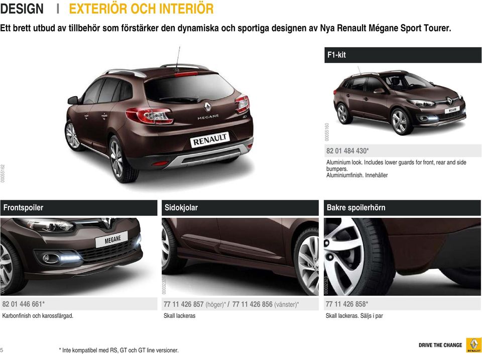 Innehåller Frontspoiler Sidokjolar Bakre spoilerhörn 00055160 00032326 00032323 82 01 446 661* Karbonfinish och karossfärgad.
